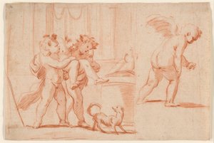 Zwei Putti tragen einen dritten Putto; ein weiterer Putto von hinten von Giulio Carpioni