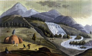 Landschaft von Lappland (Gebiete von Norwegen, Schweden, Finnland und Russland), Behausungen der indigenen (Sami) in „Das alte und moderne Kostüm“ von Ferrario, ed. Mailand