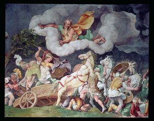 Achilles zieht den Körper von Hector auf seinem Streitwagen, Detail von der Decke der Sala di Troia, ca. 1538 von Giulio Romano