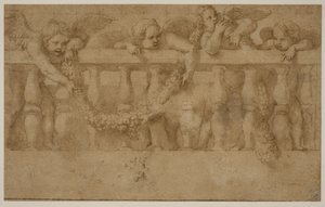Vier geflügelte Putti dekorieren ein Geländer mit Girlanden von Giulio Romano