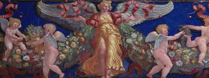 Fries aus der Camera con Fregio di Amorini (Detail eines Engels in goldenem Kleid mit ausgebreiteten Flügeln) von Giulio Romano