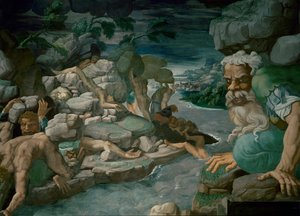 Riesen, die versuchen, Olympos zu stürmen, werden von herabfallenden Felsen zerschmettert von Giulio Romano