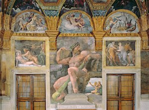 Olympia verführt von Jupiter, Polyphemus bewacht Acis und Galatea, Pasiphae betritt die von Daedalus konstruierte Kuh, aus der Sala di Amore e Psiche von Giulio Romano