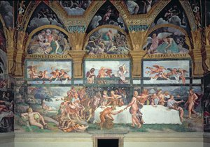 Das rustikale Bankett zur Feier der Hochzeit von Amor und Psyche, mit den drei Lünetten darüber, die eine von Psyches Prüfungen darstellen, um aus der Unterwelt ein Gefäß mit der Schönheit von Proser