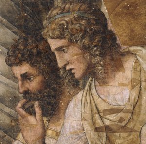 Zwei Männer, Brustlänge, nach unten schauend: Ein Cartoon für einen Wandteppich von Giulio Romano