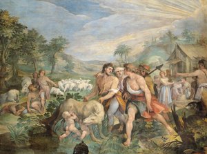 Romulus und Remus, von einer Wölfin gesäugt, von Faustulus am Ufer des Tiber gefunden