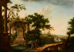 Eine klassische Landschaft mit Figuren bei Ruinen