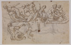 Seepferdchen, Tritonen und Putti reiten auf Delfinen von Giuseppe Alabardi