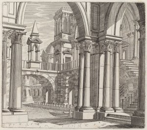 Architektonische Fantasie mit Gebäuden, Treppen und Portalen an einem Kanal von Giuseppe Antonio Landi