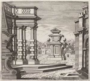 Architektonische Fantasie mit Portalen und Denkmälern