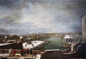 Ansicht des Hafens von Genua im Schnee
