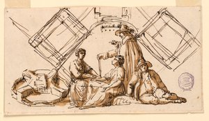 Teil eines Zeichenbuchblatts: Figuren und architektonische Pläne