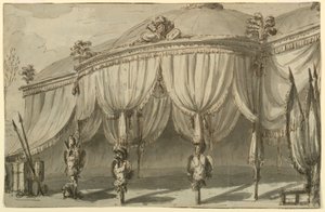 Bühnenbild, ein Pavillon mit Kriegstrophäen