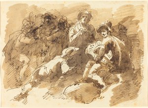 Eine gesellige Runde mit einem Mann, der eine Drehleier spielt von Giuseppe Bernardino Bison