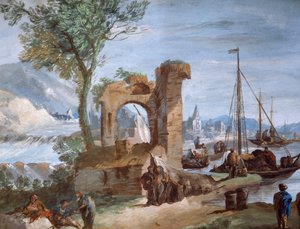 Imaginäre Ansicht: Hafen mit Ruinen und Wasserfall von Giuseppe Bernardino Bison