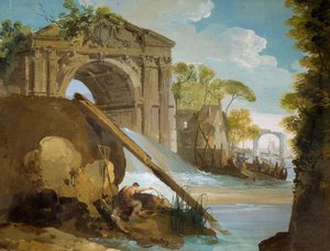 Imaginäre Ansicht: Fluss mit Fischern und Ruinen von Giuseppe Bernardino Bison