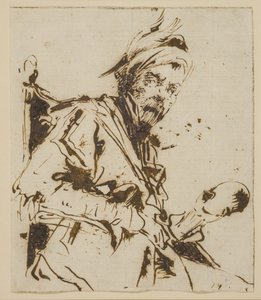 Männliche Halbfigur, sitzend auf einem Stuhl, trägt einen Federhut und hält einen Schädel(?) in der linken Hand