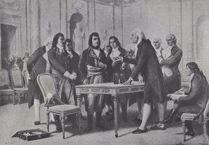 Alessandro Volta demonstriert Napoleon, dem Ersten Konsul von Frankreich, seine Batterie, 1801 von Giuseppe Bertini