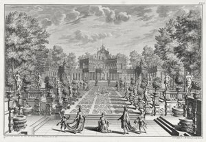 Bühnenbild für eine Oper in einem Garten, aus Architectus Theatralis Primarius, graviert von Johann Andreas Pfeffel (1674-1748), veröffentlicht 1740
