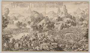 Durchbruch der Belagerung bei Hesui: aus Schlachtszenen der Niederschlagung von Aufständen in den westlichen Regionen, mit kaiserlichen Gedichten von Giuseppe Castiglione