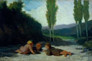Kinder spielen am Flussufer von Giuseppe Ciaranfi