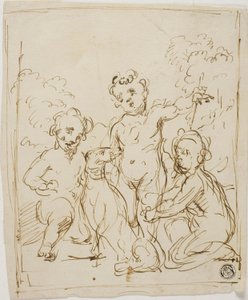 Drei Putti und Hund in einer Landschaft von Giuseppe Diamantini