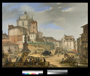 Ansicht der Piazza della Vetra in Mailand, 1833 von Giuseppe Elena