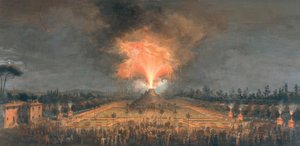 Nächtliches Fest mit feuerspeiendem Vulkan in den Cascine zu Florenz zu Ehren des Großherzogs Ferdinand III von Giuseppe Maria Terreni