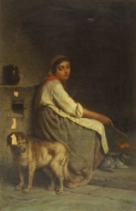 Frau mit Hund und Katze am Kamin