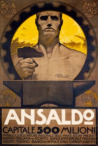 Arbeiter mit Hammer und Amboss, Plakat von Ansaldo aus Genua für die Zeichnung neuer Aktien