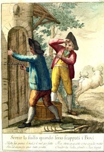 „Es hat keinen Sinn, den Stall zu schließen, wenn die Pferde entkommen sind.“ Gravur des 18. Jahrhunderts, die eine Reihe von Sprichwörtern illustriert. Giuseppe Piattoli (1740/50-1818) von Giuseppe Piattoli