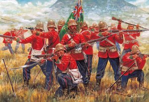 Anglo-Zulu-Krieg: Soldaten des Britischen Empire in der Schlacht von Isandhlwana (Isandlwana oder Isandula) in Südafrika, 22.01.1879 - Illustration von Giuseppe Rava von Giuseppe Rava