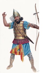 Antike: Schwerer Bogenschütze von Assyrien - Assyrischer schwerer Bogenschütze - Illustration von Giuseppe Rava