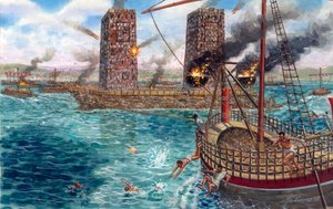 Eroberung des Persischen Reiches: die Belagerung von Tyros durch König Alexander den Großen (356-323 v. Chr.) im Jahr 332 v. Chr. - Illustration von Giuseppe Rava