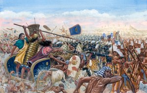 Ägyptische Antike: Der Angriff der hethitischen Streitwagen von Mupatalli gegen die ägyptische Armee von Ramses II. während der Schlacht von Qadesh 1274 v. Chr.
