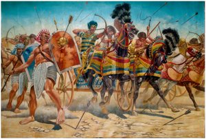 Ägyptische Antike: Darstellung des Pharaos Ramses II. (1304-1213 v. Chr.) mit seiner Armee, die Panzer während der Schlacht von Qadesh im Jahr 1274 v. Chr. führt - Pharao Ramses II. (1303 v. Chr. - 1213 v. Chr.) und seine Armee während der Schlacht von Kad