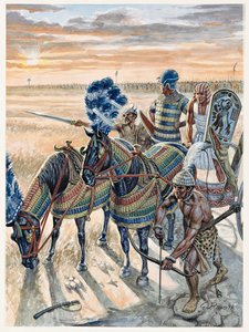 Ägyptische Antike: Darstellung des Pharaos Ramses II. mit seiner Armee - Illustration von Giuseppe Rava von Giuseppe Rava