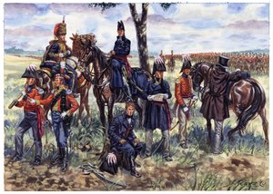 Erstes Kaiserreich: Stab des Herzogs von Wellington in der Schlacht von Waterloo am 18. Juni 1815 - Illustration von Giuseppe Rava von Giuseppe Rava