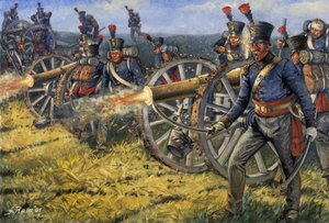 Erstes Kaiserreich: niederländisch-belgische Artilleriesoldaten feuern Kanonenschüsse in der Schlacht von Waterloo am 18.06.1815 - Illustration von Giuseppe Rava