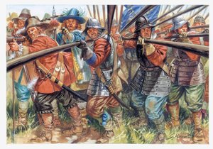 Erste Englische Revolution (1641-1649): Infanteristen von Oliver Cromwells New Model Army - Illustration von Giuseppe Rava von Giuseppe Rava