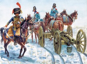 Erstes Kaiserreich (1804-1814): Schleppen der Artillerie der Großen Armee im Schnee - Illustration von Giuseppe Rava von Giuseppe Rava