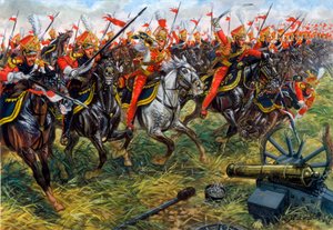 Erstes Kaiserreich: 2. Regiment der leichten Kavallerie-Lanzen der Kaiserlichen Garde Napoleons I. in der Schlacht von Waterloo am 18.06.1815 - Illustration von Giuseppe Rava von Giuseppe Rava