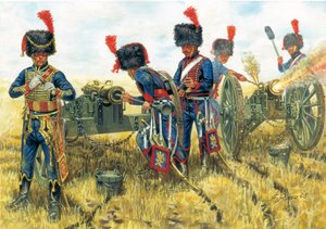 Erstes Kaiserreich: Soldaten der Artillerie der Kaiserlichen Garde Napoleons I. in der Schlacht von Waterloo am 18.06.1815 - Illustration von Giuseppe Rava