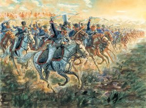 Erstes Kaiserreich: der Angriff der preußischen Husaren um 1810 - Illustration von Giuseppe Rava