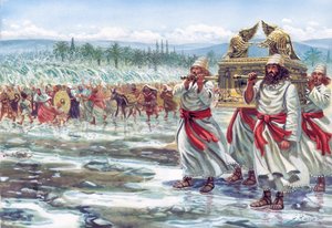 Josua trägt die Bundeslade über den Jordan mit dem jüdischen Volk - Illustration von Giuseppe Rava
