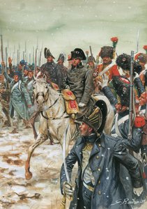 Es lebe der Kaiser! Kaiser Napoleon I zu Pferd umgeben von seiner Armee während der Frankreichkampagne im Januar 1814 - Illustration von Giuseppe Rava