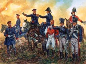 Napoleonische Kriege: Arthur Wellesley, Herzog von Wellington (1769-1852) kommandiert britische Truppen und Gebhard Leberecht von Blücher (1742-1819) kommandiert die preußische Armee in der Schlacht von Waterloo am 18. Juni 1815 (Illustration)