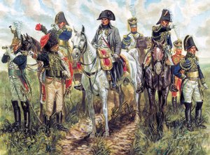 Porträt von Napoleon I. (1769-1821) und seinem Stab (Illustration von Giuseppe Rava) von Giuseppe Rava