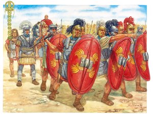 Römische Antike (Republik): Eine Gruppe römischer Legionäre - Illustration von Giuseppe Rava