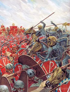 Römische Antike: Schlacht an der Milvischen Brücke am 28.10.312 zwischen Konstantin und Maxentius bei Rom - Illustration von Giuseppe Rava